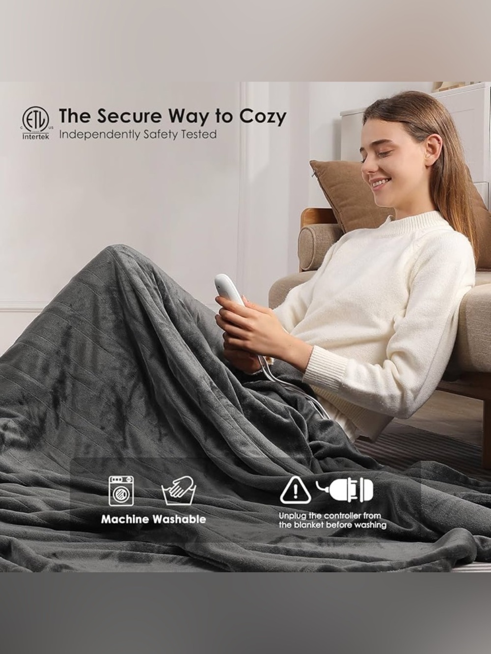 Electric heated Plush Microfiber Throw Blanket - Charcoal Gray - Picture 2 of 8